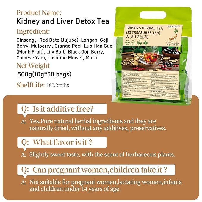 Premium Ginseng Tea - Natural Organic Herbal Tea - 12 Herbal Blend with Goji Berry,Jujube, Longan, Mulberry & Maca - Caffeine & Sugar Free