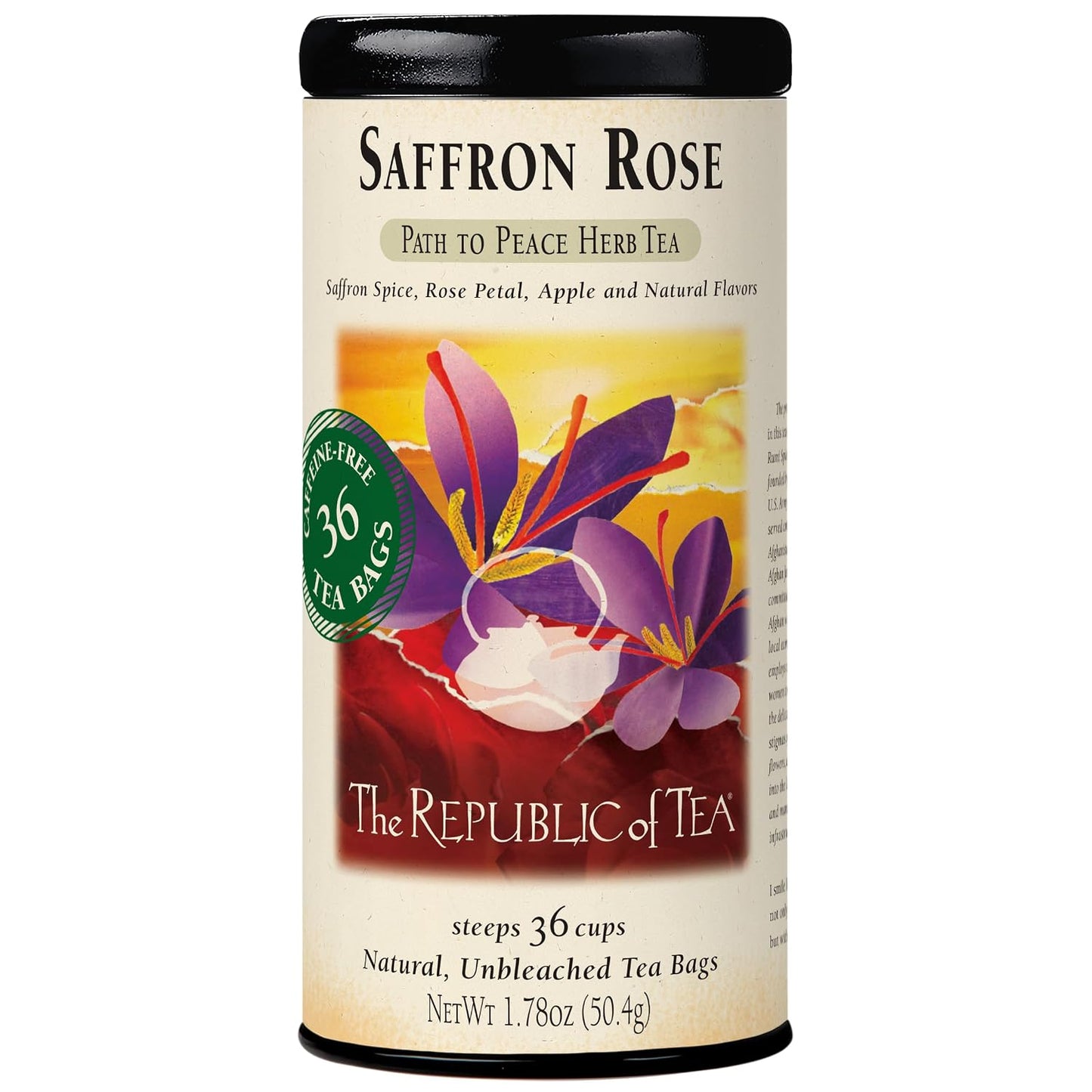 The Republic of Tea Saffron Rose Herbal Tea, Caffeine Free, 36 Count | Suitable for day or evening. Smooth and aromatic with notes of lively citrus and soft floral notes. Gluten Free and Kosher.