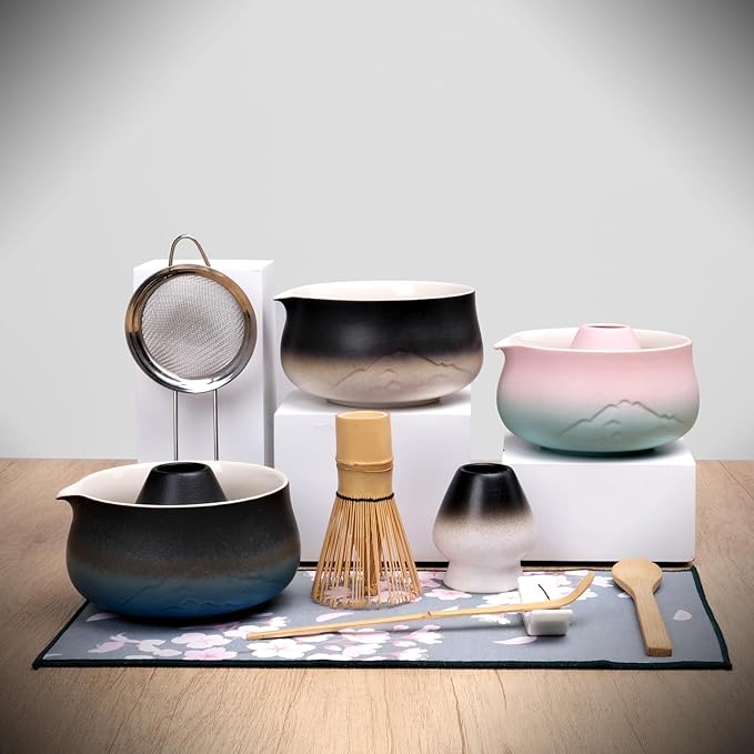 Joyscale Matcha Whisk Set, Matcha Set Whisk And Bowl, 8 Pcs Matcha Kit Set(Distant Mountains Design), 18 OZ, Japanese Matcha Tea Set, Matcha Making Kit Gifts for Tea Lovers(Black Blue)