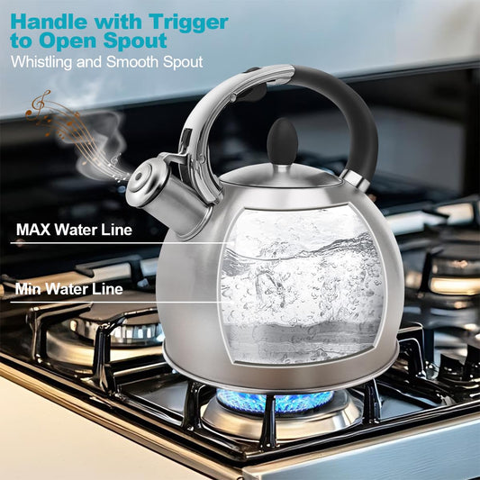BAERFO Whistling Stovetop Tea Kettle, 2.64 Qt 304 Stainless Steel (Brushed)