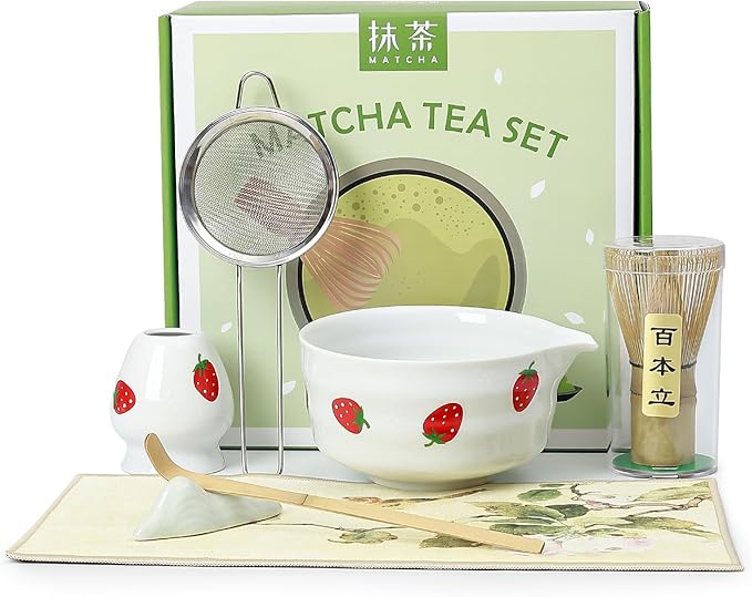 Koythin 7-Piece Ceramic Matcha Whisk Set, Adorable Strawberry Bowls Set with Whisk Holder Scoop Towe