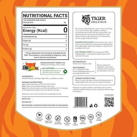 Tiger Organics, Dandelion Root Tea - 100 Biodegradable Teabags | Supports Liver Cleansing & Improves Kidney Function | Your All-day Caffeine-free Brew | USDA Organic Certified | Thanks Giving