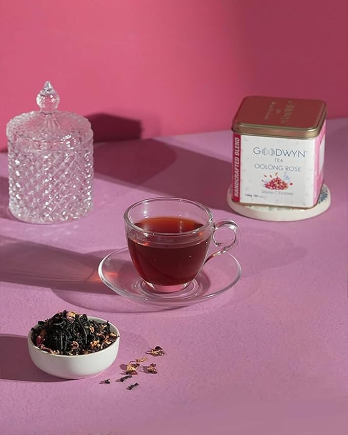 Goodwyn Oolong Rose Tea Loose Leaf – 50 Cups (100g / 3.5 oz) Premium Oolong Black Tea with Real Rose Petals, Medium Caffeine, Floral & Aromatic Blend in Reusable Tin, Sugar-Free Indian-Origin Tea, Perfect for Gifting