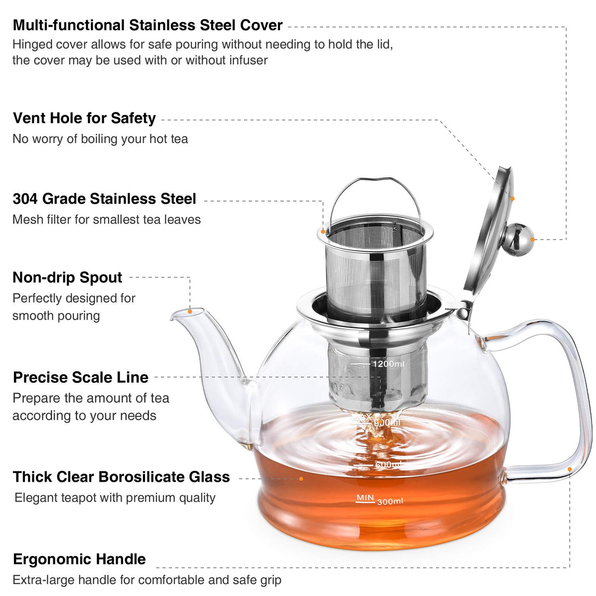 STNTUS INNOVATIONS STNTUS Glass Teapot, 40 oz. / 1200 ml for Loose Tea, With Infuser and Stainless Steel Strainer, Stovetop
