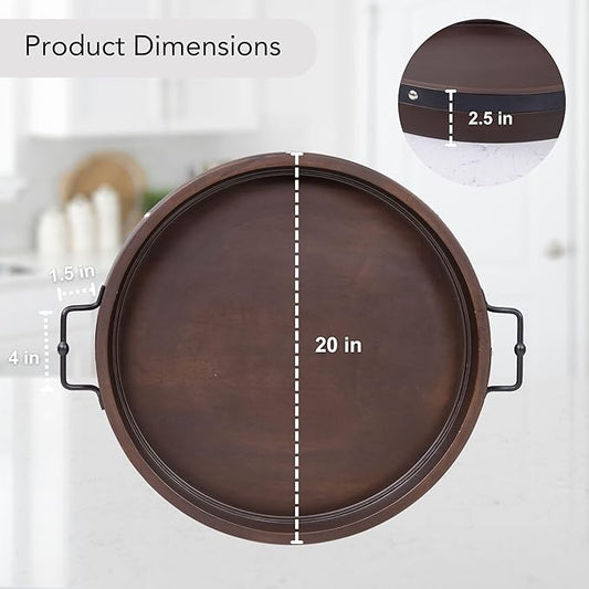 20" Extra Large Round Ottoman Tray, Heavy Duty Mango Wood, for Serving Tea, Breakfast in Bed, Living Room Large Coffee Table Tray Rustic with Farmhouse Style, Decorative Handles and Accent Strap