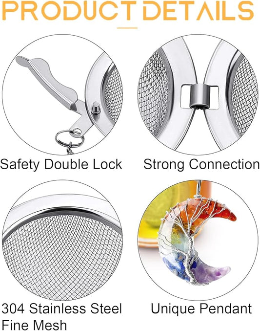 7 Chakra Healing Crystal Tea Infuser Set - Reiki Quartz Gemstone Wire Wrapped Crescent Moon & Tree of Life Pendants