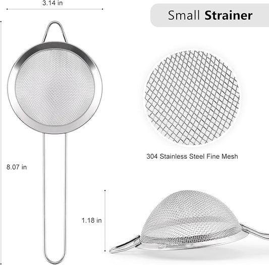 D Fine Mesh Strainer, Stainless Steel Sieve Sifter with Handle, Small Metal Strainer for Loose Tea, Juice, Drink, Herbs, Mini Sifter for Flour