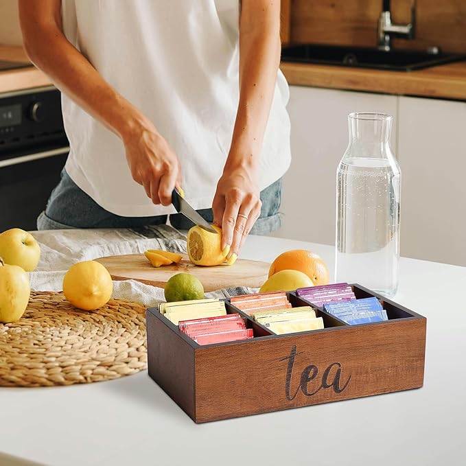 Tea Bag Organizer,Acacia Wood Tea Storage Containers with 6 Compartments, Sugar Packet Holder,Tea Bag Caddy Box for Cabinet Countertop Office (Brown-Labeled "Tea")