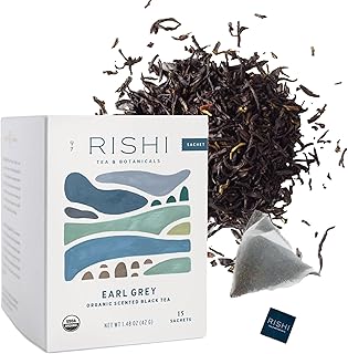 Rishi Tea Earl Grey Tea - Organic Sachet Tea Bags, Pure Black Tea with Bergamot Oil, Energizing & Caffeinated - 15 Count (Pack of 1)