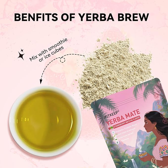 IFITKEEP Yerba Mate Strawberry Matcha Flavor - Super Yerba Instant Tea Powder, Lion’s Mane,Prebiotic & Probiotic Mix,Supports Energy, Focus and Gut Health 30 Servings.