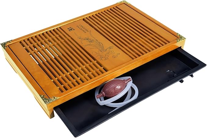 RORA Bamboo Tea Tray Chinese Gongfu Tea Serving Tray with Drawer Type Water Storage Drainage Kungfu