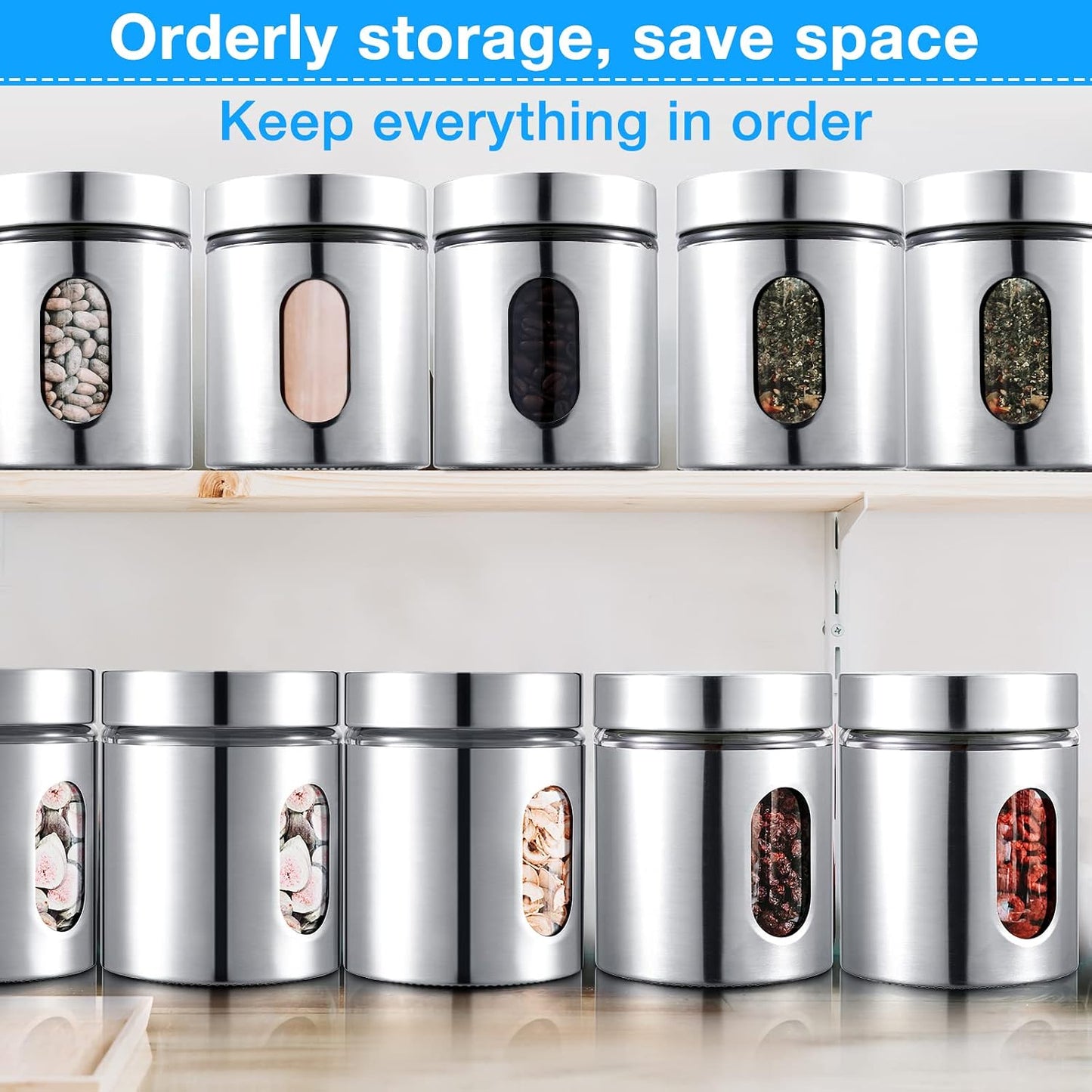 Mimorou 6 Pack 20 oz Airtight Stainless Steel Kitchen Canisters, Silver | Set Window Canister Jars, Coffee Tea Sugar, Quick Refill Check, Pantry Organization, Countertop Storage, Spice and Candy Jars