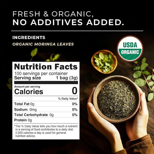 Gya Tea Co Moringa Leaves Herbal Tea Bags (100 Bags) - Caffeine Free with a Tangy Flavor for All Day Comfort, Calming, Relaxing & Nourishing - Fruit & Herbal Blends
