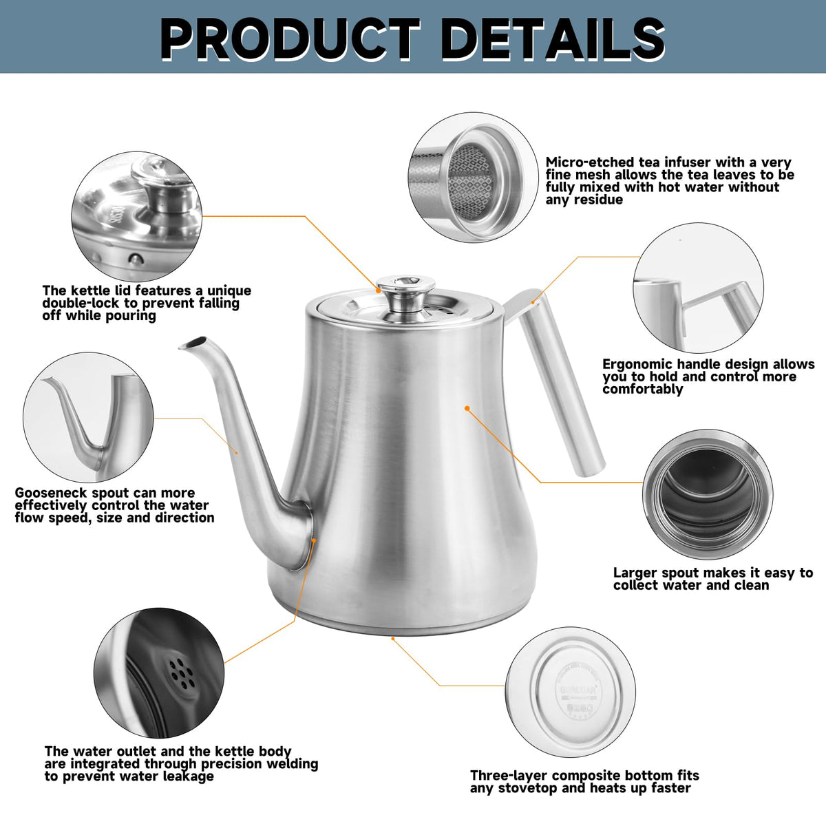GURUDAR 68OZ/2000ML Stainless Steel Teapot with Removable Infuser, Stovetop & Dishwasher Safe Tea Maker Water Kettle for