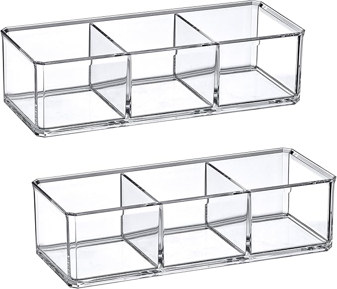 Amazing Abby - SereniTEA - 2-Pack Acrylic 3-Compartment Tea Bag Organizer, Clear Plastic Tea Box, 3-Slot Tea Chest, Perfect Tea Storage Solution for Kitchen Cabinet, Countertop, Pantry, and More