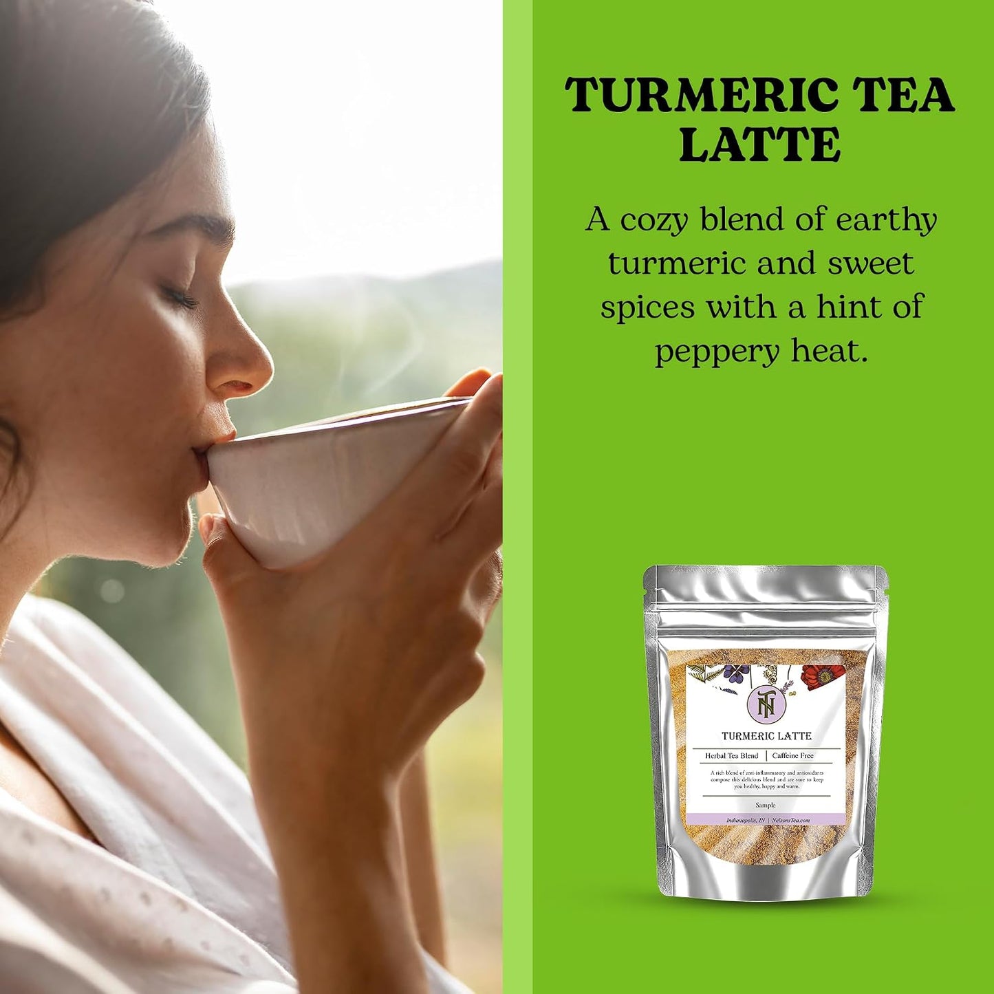 Nelson's Tea Turmeric Latte Spiced Herbal Tea, Sample 0.7 oz | Golden Milk • Caffeine Free • Tea • Ginger • Turmeric Latte • Cinnamon • Ginger • Clove • Tea Mix