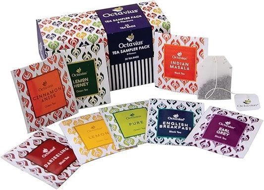Octavius Assorted Tea Sampler – 32 Teabags | Pack of 2 | 8 Flavors of Premium Black & Green Tea | Variety Pack for Gifting & Daily Enjoyment