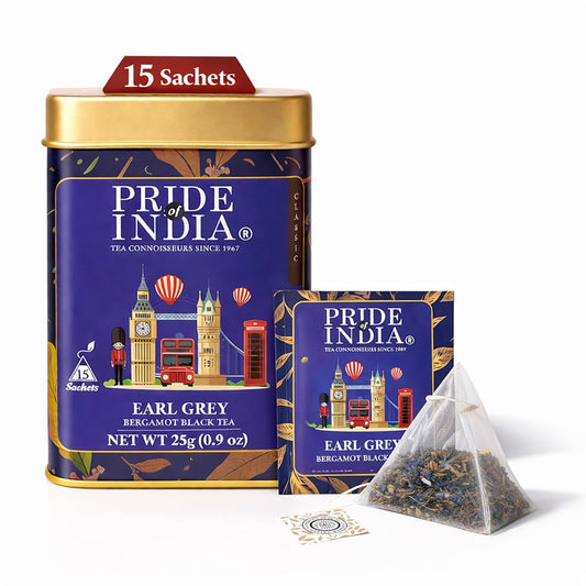 Pride of India Earl Grey Bergamot Black Tea 25g (0.9 oz) – 15 Tea Bags Individually Wrapped | Full Leaf Assam Black Tea for Hot or Iced Drinks | Citrus Flavor, High Caffeine & Single Estate Certified Tea