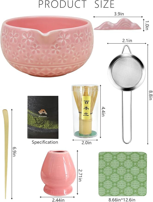 Artcome Matcha Tea Set – Pink Sakura Embossed Ceramic Bowl 17oz with Bamboo Whisk, Whisk Holder, Strainer, Scoop, Tea Spoon, Cloth