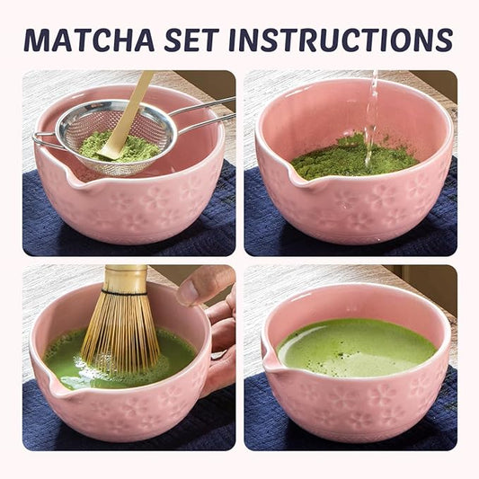 Pink Sakura Matcha Whisk Set, 8 PCS Pink Sakura Matcha Set Kit, Japanese Ceremonial Matcha Set Whisk and Bowl with Spout, Matcha Gift/Accessories