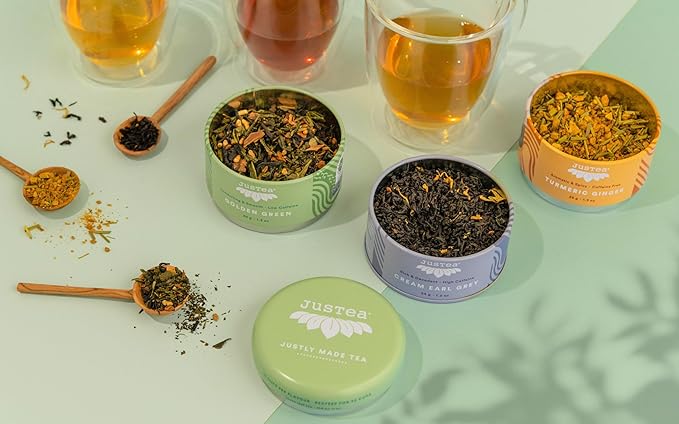 JusTea Assorted Tea Trio, Stacking Tins Variety Pack with Hand Carved Spoon, Loose Leaf Tea, Variable Caffeine, Award-Winning, Fair Trade, Non-GMO