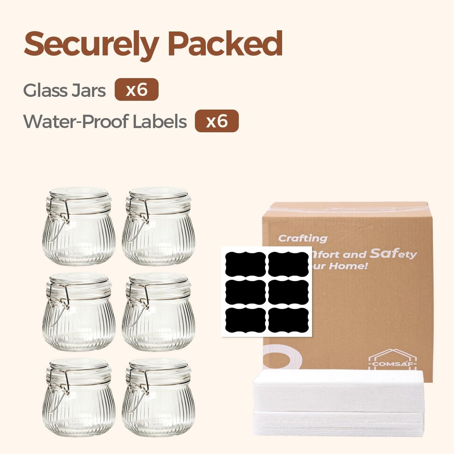 ComSaf Ribbed Glass Jars with Airtight Lids 17oz 6 Pack Wide Mouth Pickling | BPA-free food-grade glass, ribbed vintage texture, wide-mouth pickling, overnight oats, garnish & small jars