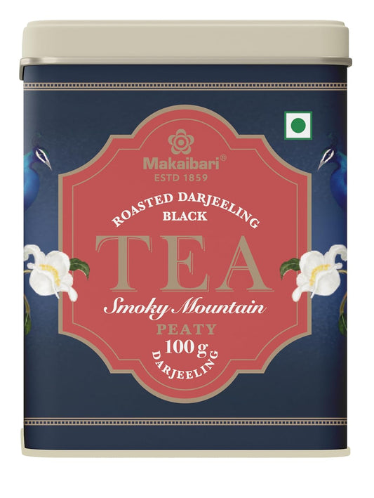 Makaibari Tea Treasures- Smoky Mountain, Organic Roasted Darjeeling Loose Leaf Black Tea Tin Caddy, 100 Grams