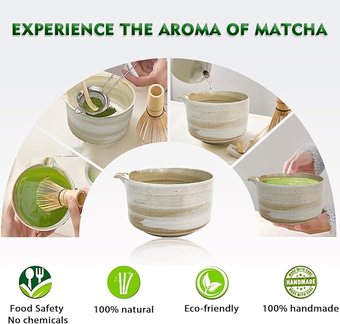 Matcha Whisk Set, Matcha Set, 6 Pieces, with Bamboo Whisk, Ceramic Bowl & Sifter Complete Matcha kit Tea Includes Scoop & Spout Bowl