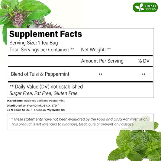 FreshDrinkUS, Premium Tulsi Peppermint Herbal Tea – 55 Tea Bags, 100% Natural, Blend of Tulsi Holy Basil Leaves, and Peppermint Leaves. Made with Natural Material Tea Bags. No Sugar, Vegan.