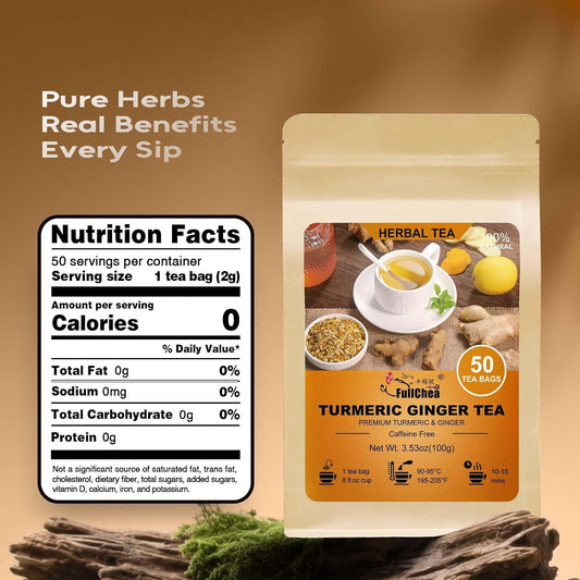FullChea - Turmeric Ginger Tea Bags, 50 Count Dried Herbal Blend | Pure turmeric ginger herbal tea with natural plant antioxidants, Non-GMO caffeine-free, easy to brew hot daily