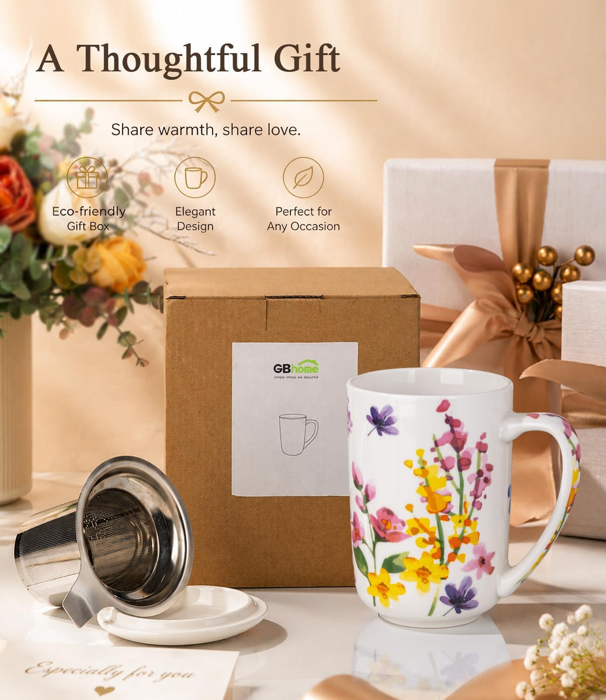 GBhome Tea Mug with Infuser and Lid,18 oz Loose Leaf Tea Cup with Steeper