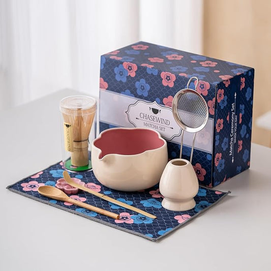 Matcha Set, 8Pcs Floral Ceramic Matcha Set with Matcha Whisk, Holder, Scoop, Scoop Rest, Sifter, Spoon and Tea Towel - Thoughtful Matcha Whisk Set Gift for Matcha Lovers (Beige & Pink)