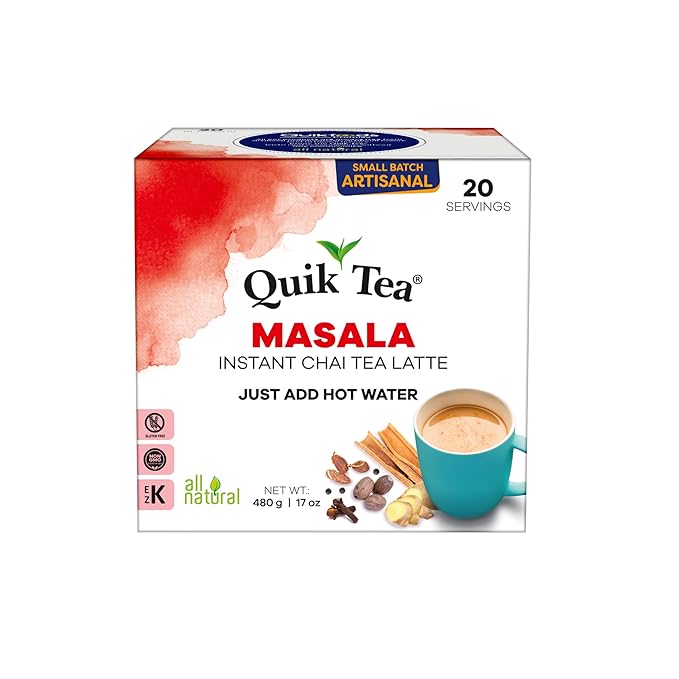 QuikTea Masala Chai Tea Latte – 20 Count, Bold Masala Flavor, Naturally Caffeine-Light, No Preservat