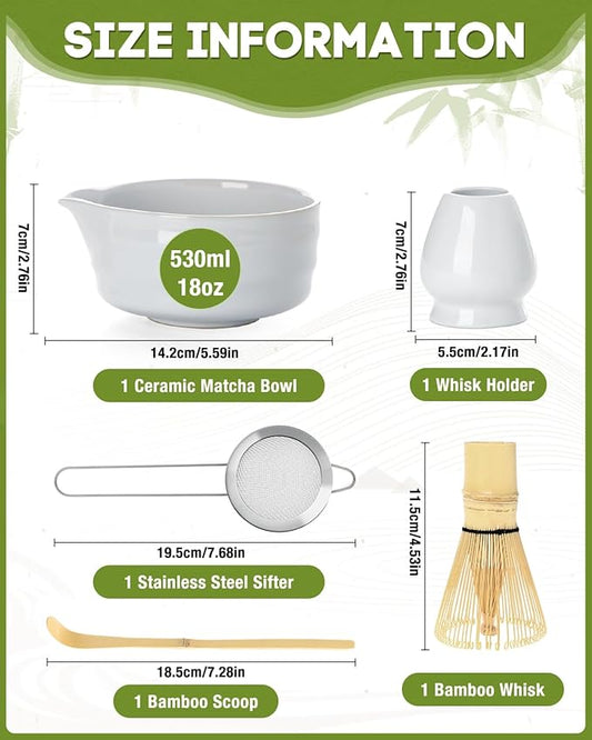 White Matcha Whisk Set - 5PCS Matcha Set Includes 17OZ Chawan with Spout, Bamboo Chasen Whisk with Ceramic Holder, Mat cha Scoop and Stainless Sifter, Matcha Kit for Ceremony, Gift for Matcha Lovers