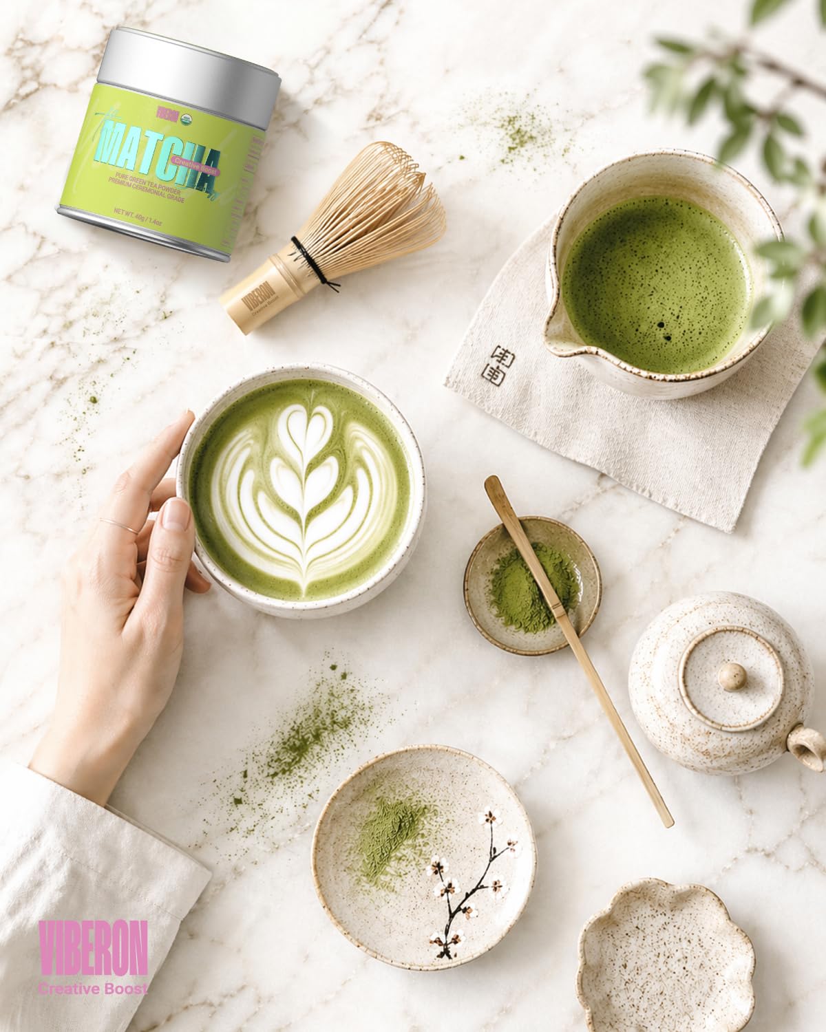 Viberon Organic Ceremonial Matcha Green Tea Powder - Premium Ceremonial Grade, USDA Certified, First Spring Harvest, 100% Pure - Sugar Free, Gluten Free (40g / 1.4oz Tin)