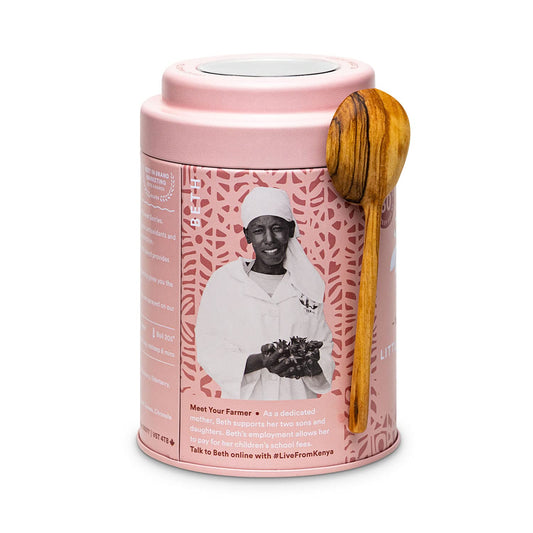 JusTea LITTLE BERRY HIBISCUS Loose Leaf Herbal Tea, 40+ Cups Tin with Spoon | Fair-Trade LITTLE BERRY HIBISCUS Loose Leaf Herbal Tea. 90g/3.2oz Tin with a Hand-Carved Tea Spoon. Caffeine-Free. Organic.