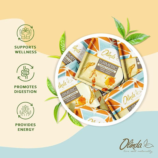 Olinda Turmeric Ginger & Ginseng Organic Herbal Tea 100 Tea Bags Caffeine-Free Stomach-Friendly Digestive Tea Brew Hot or Iced Tea Gift for Women & Tea Lovers