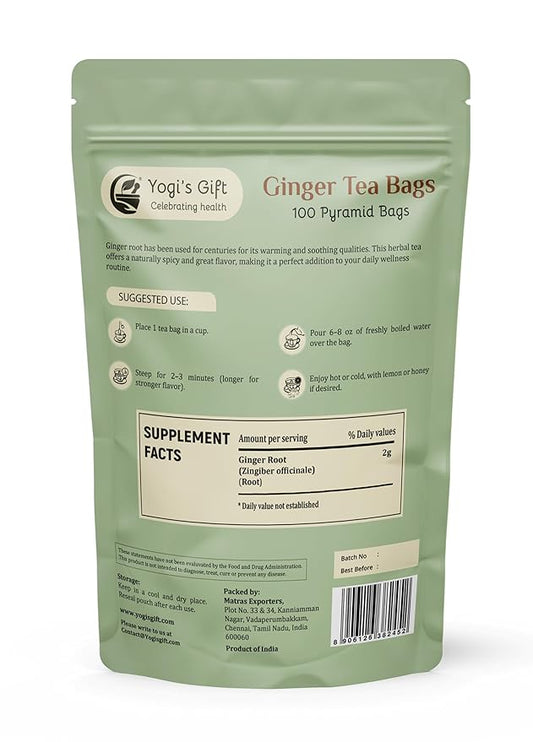 Ginger Tea Bags – 100 Count Pyramid Tea Bags – 100% Pure dried ginger root tea – Bold & Spicy Herbal Flavor Ginger Tea – By Yogi’s Gift®
