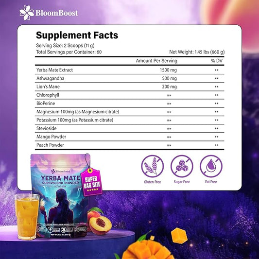 Big Size – Yerba Mate Instant Tea Powder – Yerba Mate, Ashwagandha, Lion’s Mane, Chlorophyll, Peach Mango Flavor – 1.45 lbs (60 Servings) – Sugar-Free, Gluten-Free, Superfood Energy & Focus Blend