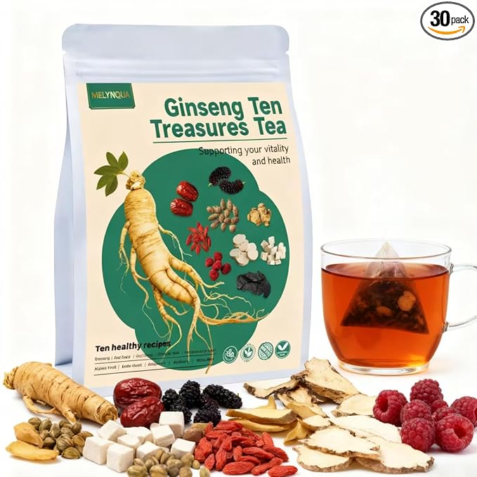 Ginseng Ten Treasures Tea,30 Bags, Premium Chinese Herbal Tea Blend with Ginseng, Goji, Red Dates & 7 More Herbs, Kidney & Liver Support, Caffeine-Free Herbal Infusion, No Additives