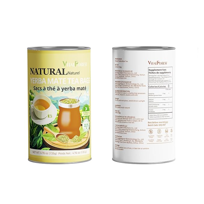 45 Yerba Mate Tea Bags, VitalForest Unsmoked Yerba Mate from Rainforest, Energy Burst Yerba Tea