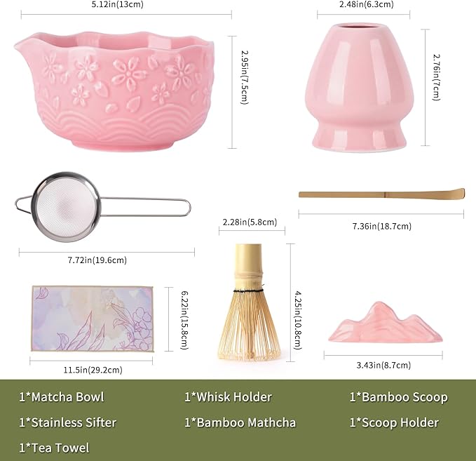 Japanese Matcha Whisk Set - Matcha Making Kit with Ceramic Bowl Bamboo Whisk (Chasen) Sifter & Holder Pink
