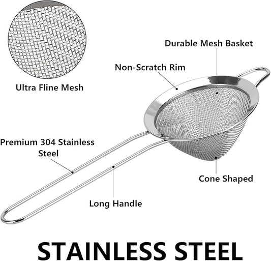 3 Pack Small Strainer 304 Stainless Steel Kitchen Fine Mesh Strainers Sieve Matcha Sifter with Handle for Tea, Coffee, Cocktails, Flour, Juice (3.35")