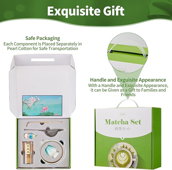 Aganippe 7 Pcs Matcha Whisk Set,Matcha Set, Matcha Kit, Matcha Tea Set,Matcha Bowl Set with Cat Scoop Holder, Tea Cloth, Sifter(Gradient Turquoise)