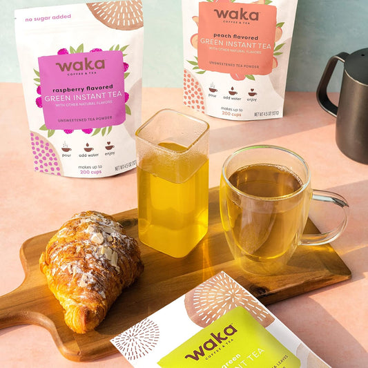 Waka Instant Tea Mix, 3 Bag Bundle - 100% Tea Leaves, No Additives, Unsweetened Tea Powders - Classic, Raspberry Flavored, Peach Flavored Green (4.5oz Each)