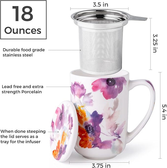 AmorArc Porcelain Tea Mug with Infuser and Lids, 18 Oz Large Cup Strainer with Bag Holder for Loose Leaf Tea