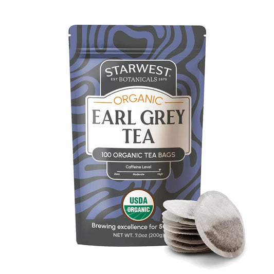 Starwest Botanicals Organic Earl Grey Tea - Caffeinated Herbal Blend with Black Tea & Bergamot, Enjoy Hot or Cold, String Free Sachets, USDA Organic, Non GMO - Bulk Pack, 100 Bags