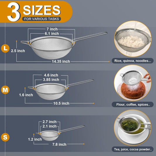 Ydeapi Fine Mesh Strainer, Stainless Steel Strainers with Sturdy Handle, Set of 3 Metal Sieve for Kitchen Food, Rice, Quinoa, Tea - 7", 4.6", 2.7"