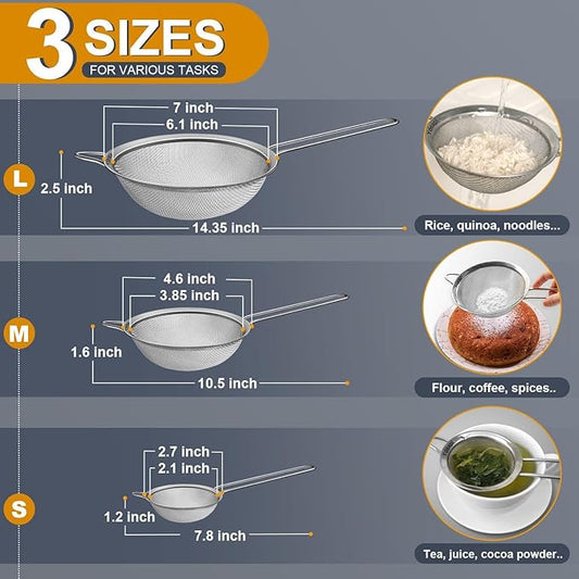 Fine Mesh Strainer, Stainless Steel Strainers with Sturdy Handle, Set of 3 Metal Sieve for Kitchen Food, Rice, Quinoa, Tea - 7", 4.6", 2.7"