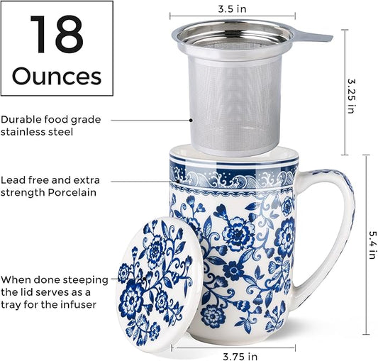 AmorArc Porcelain Tea Mug with Infuser and Lids, 18 Oz Coffee Cup Strainer with Bag Holder for Loose Leaf Tea